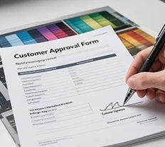 Customer approval form and color swatches used in apparel packaging pre-production sampling