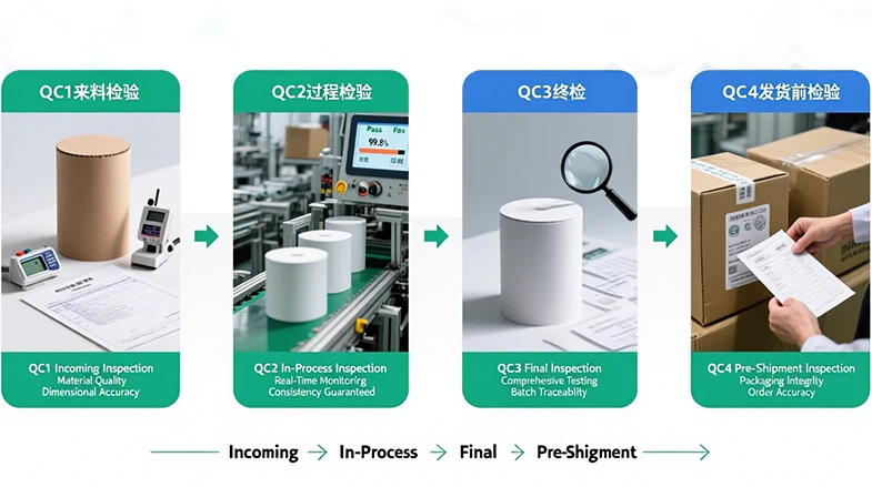 Four-stage QC workflow: incoming, in-process, final, and pre-shipment inspection