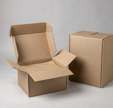 Blank corrugated cardboard shipping box shown open beside a closed flat-locked corrugated case