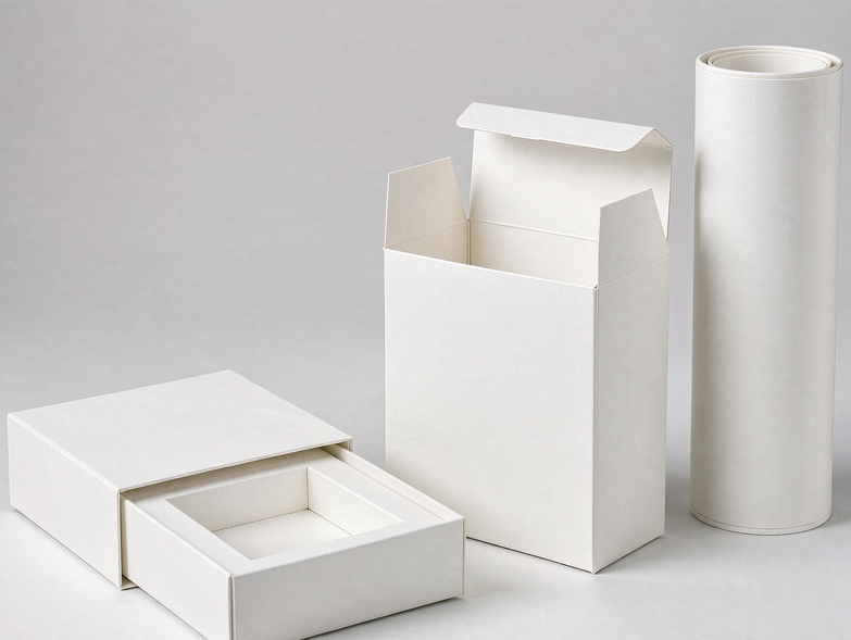 Blank white cosmetic packaging including a folding carton, a tall paperboard tube and a rigid drawer box